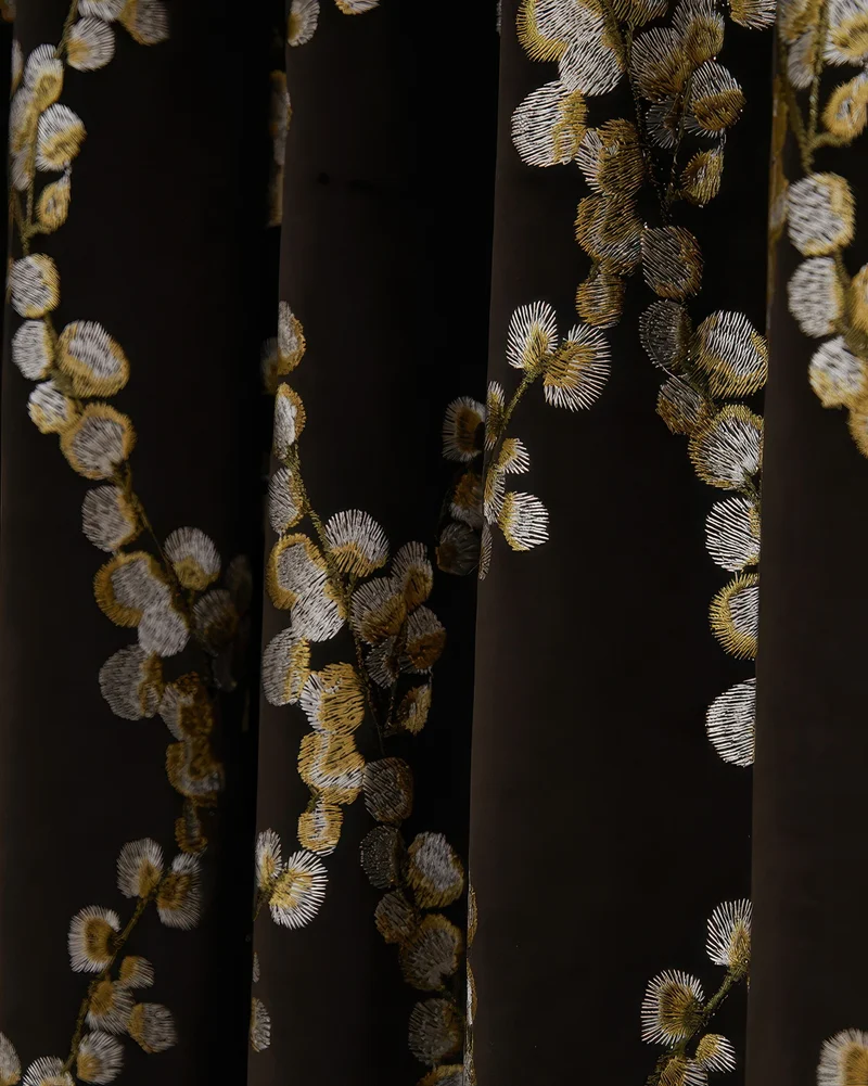 Flora 39 x 125 inch Double French Pinch Pleat Black Velvet Emboidered Floral Pattern Curtain