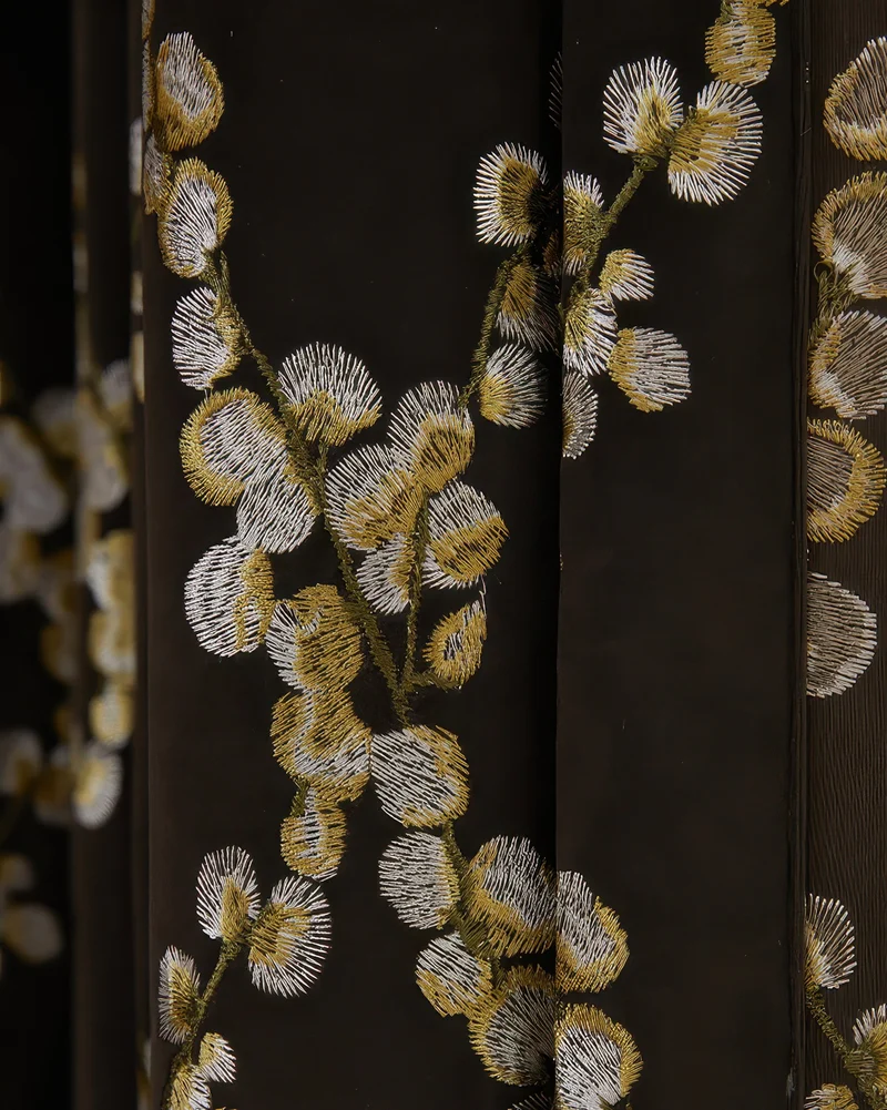 Flora 39 x 125 inch Double French Pinch Pleat Black Velvet Emboidered Floral Pattern Curtain