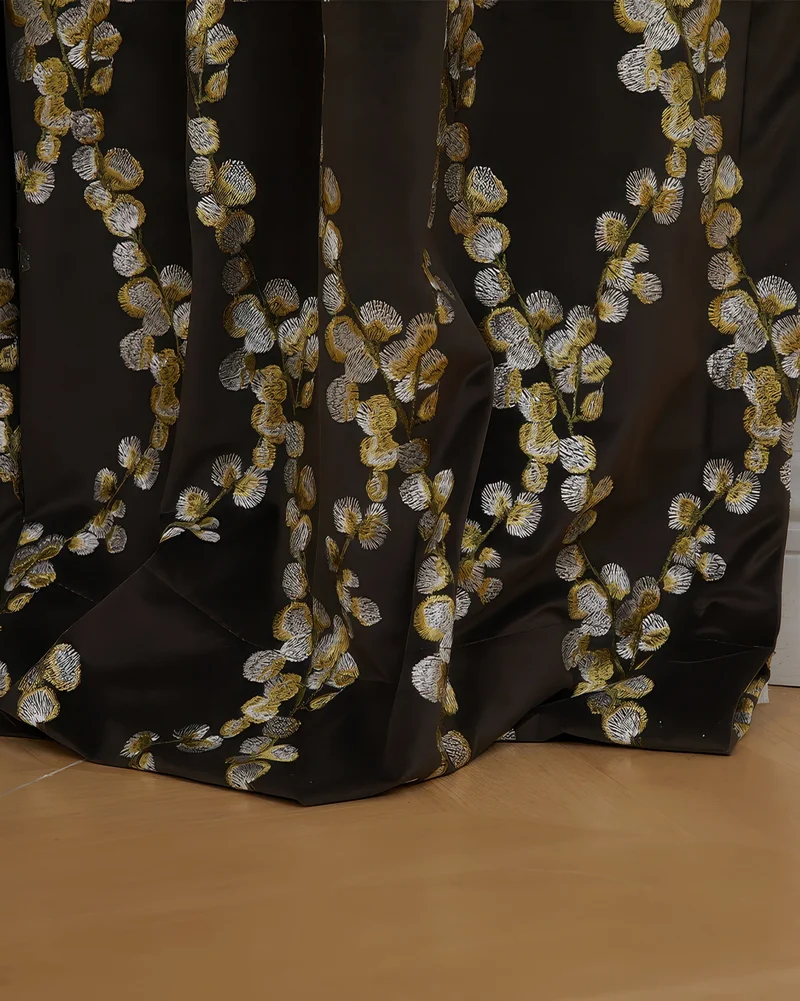 Flora 39 x 125 inch Double French Pinch Pleat Black Velvet Emboidered Floral Pattern Curtain