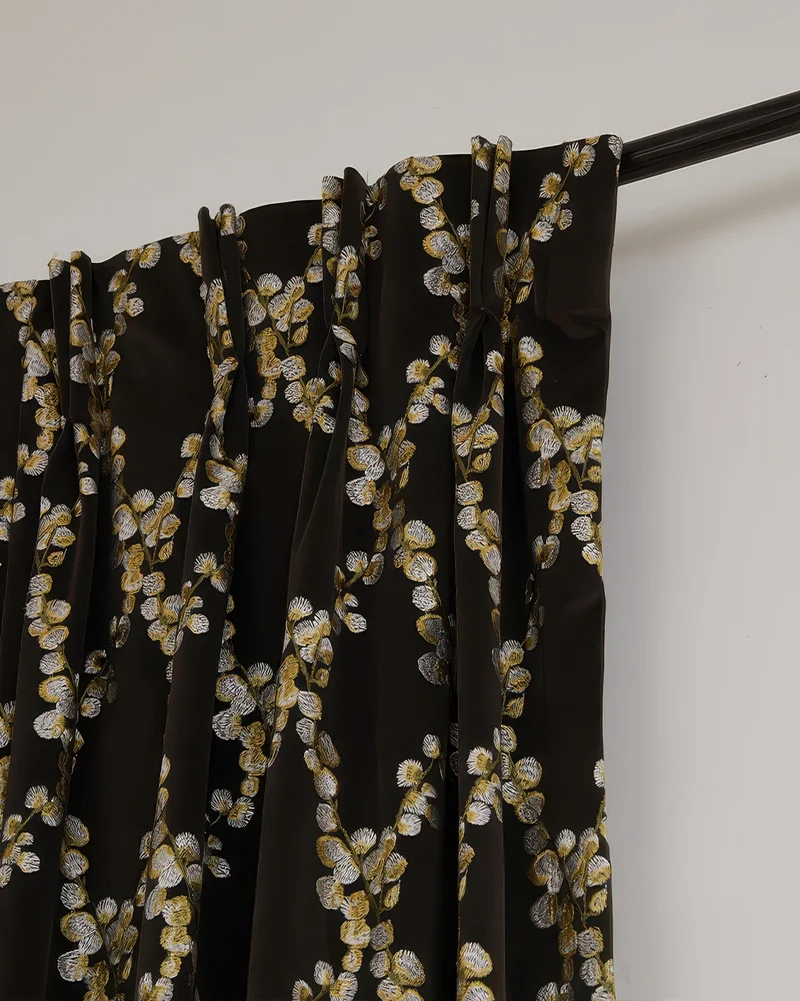 Flora 39 x 125 inch Double French Pinch Pleat Black Velvet Emboidered Floral Pattern Curtain