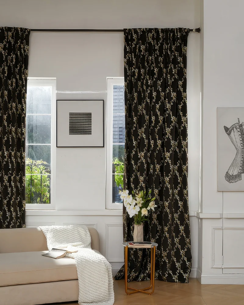 Flora 39 x 125 inch Double French Pinch Pleat Black Velvet Emboidered Floral Pattern Curtain