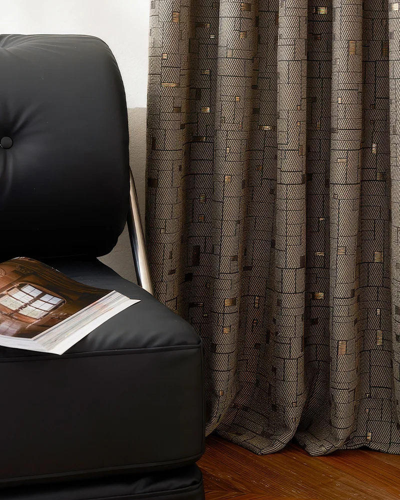 Chelsea 52 x 95 Inch Inverted Box Pleat Grid Cotton Geometric Patterned Curtain