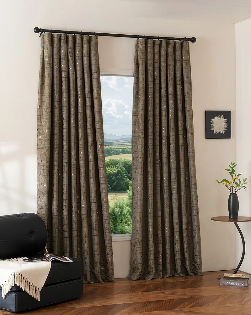 Chelsea 52 x 95 Inch Inverted Box Pleat Grid Cotton Geometric Patterned Curtain