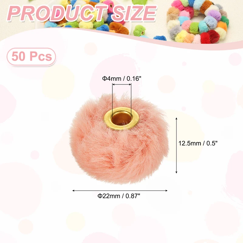 50Pcs Pom Pom Beads, Faux Fur Fuzzy Spacers Bead with 4mm Hole, Orange Red