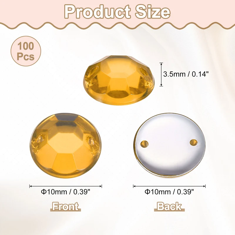 100Pcs Flat Back Sew on Rhinestones Beads, 10mm Crystal Round Gems Golden Yellow