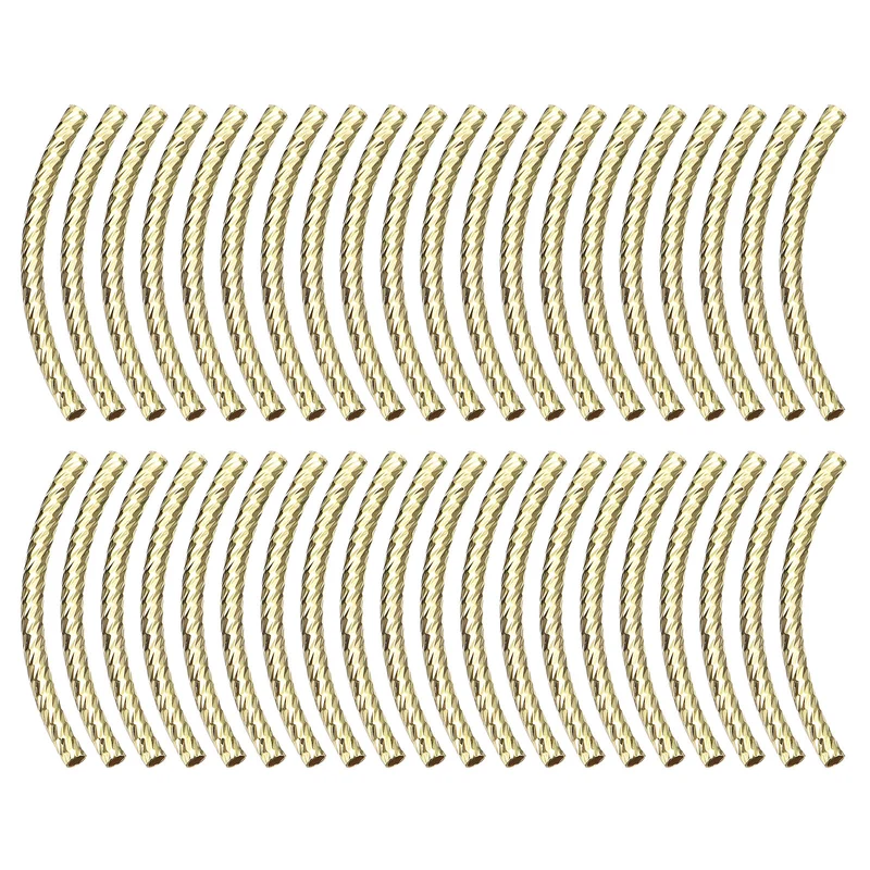 40Pcs Brass Curved Tube Beads, 3x40mm Noodles Spacer Bead, Light Golden