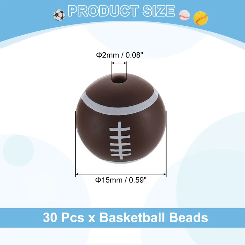 30Pcs Sports Ball Beads 15mm Silicone Round Spacer Focal Bead Rugby