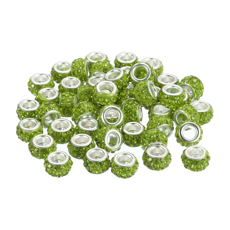 50Pcs European Large Hole Beads, Rhinestone Craft Beads, Olive Green