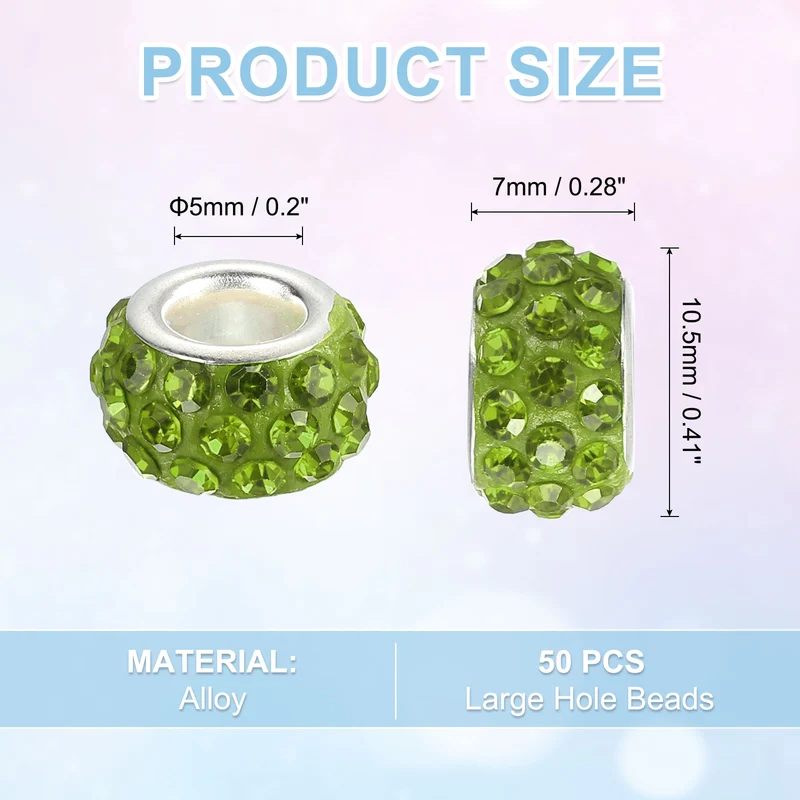 50Pcs European Large Hole Beads, Rhinestone Craft Beads, Olive Green