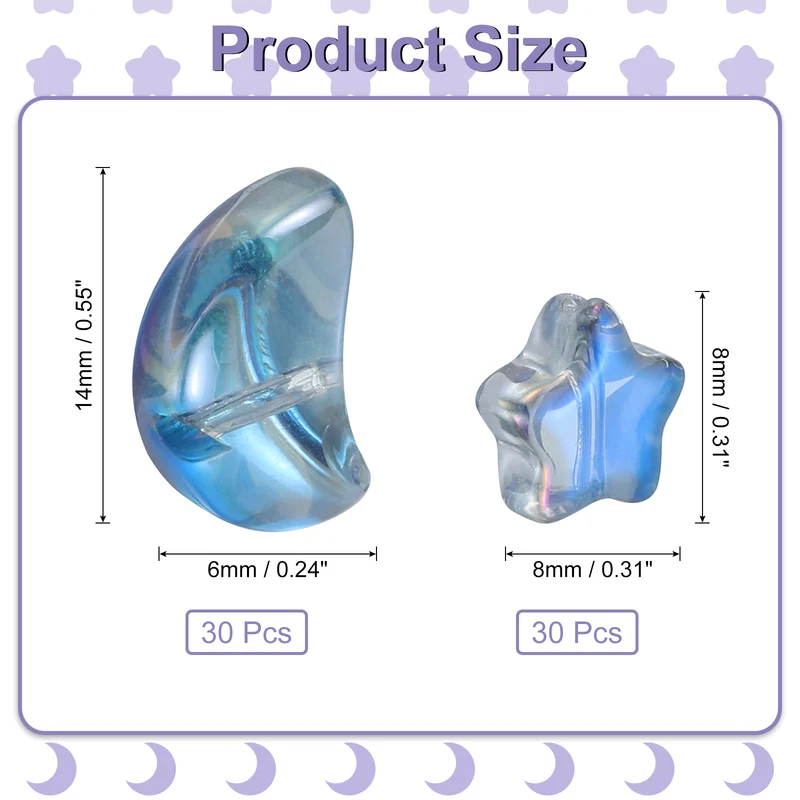 60Pcs Star Moon Shaped Beads, 2 Style Acrylic Spacer Beads Clear Blue