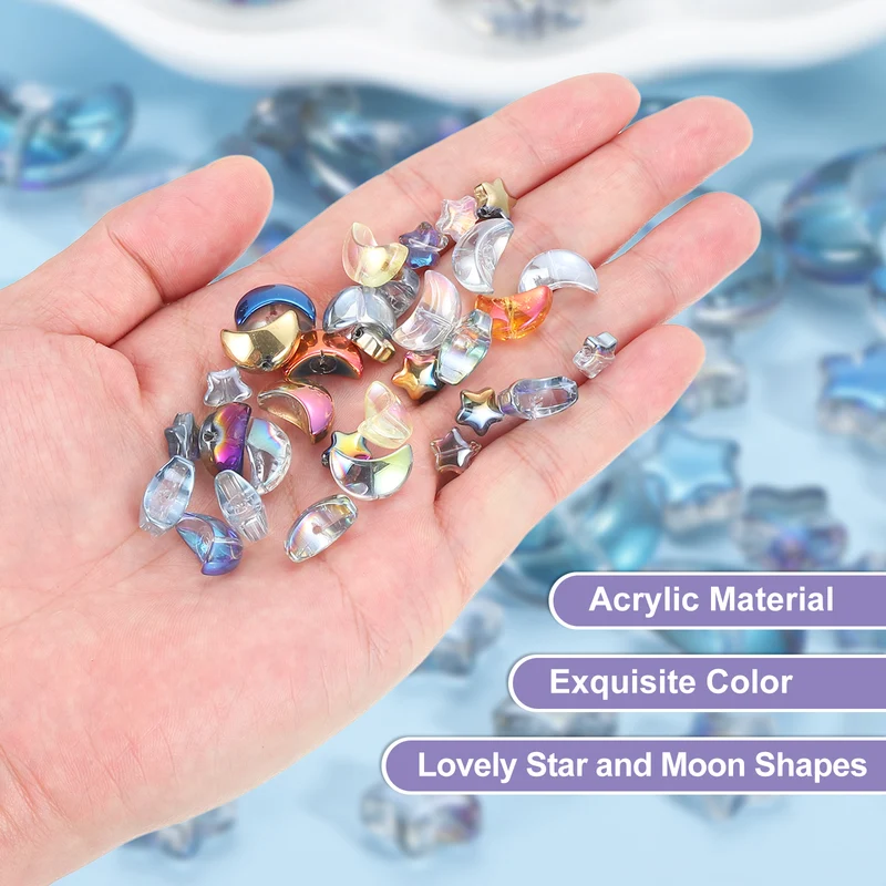 60Pcs Star Moon Shaped Beads, 2 Style Acrylic Spacer Beads Clear Blue