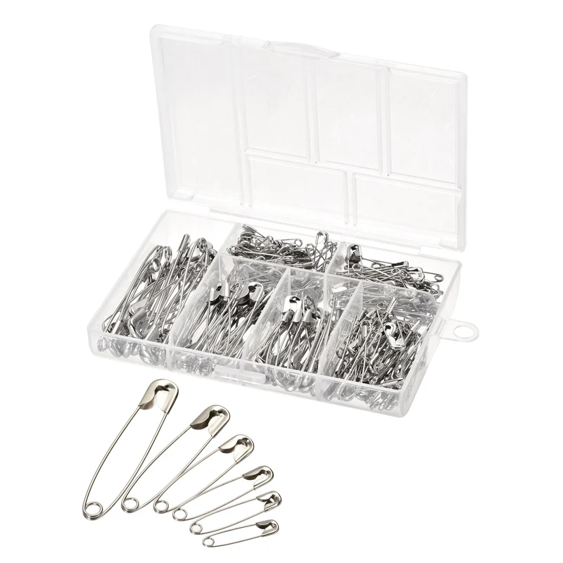 Safety Pins 6 Sizes Metal Sewing Pins for Office Home Silver Tone 240Pcs