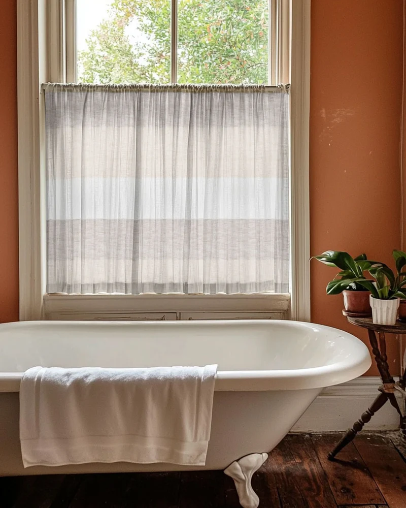 Raw Linen Blend Striped Patterned Semi-Sheer Custom Cafe Curtain
