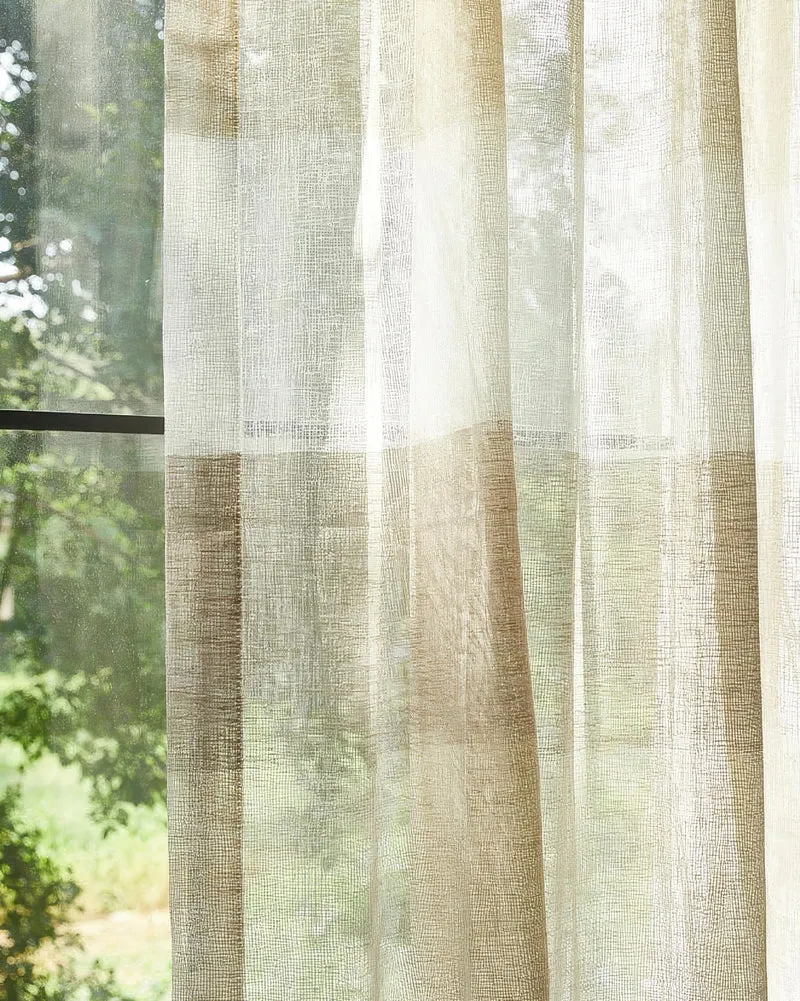 Raw Linen Blend Striped Patterned Semi-Sheer Custom Cafe Curtain