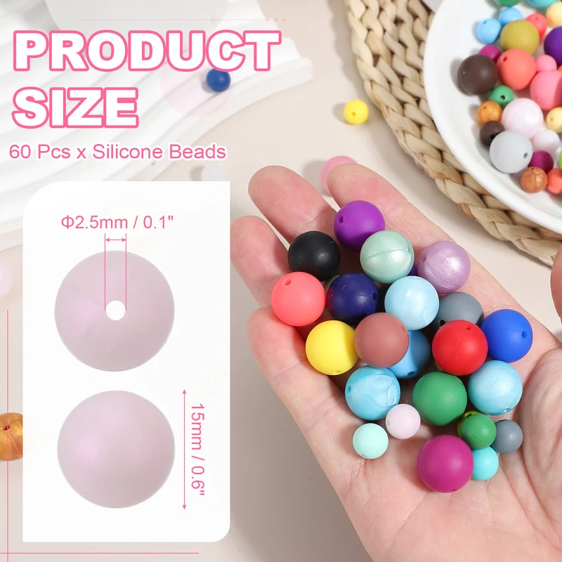 60 Pcs Silicone Beads, 15mm Bulk Beads for Keychain Making, Pink