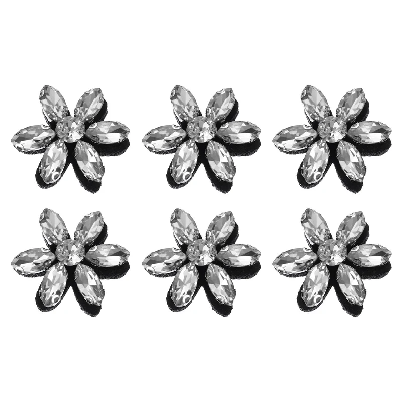 6Pcs Handmade Flower Beaded Patches, Glass Crystal Appliques, Clear