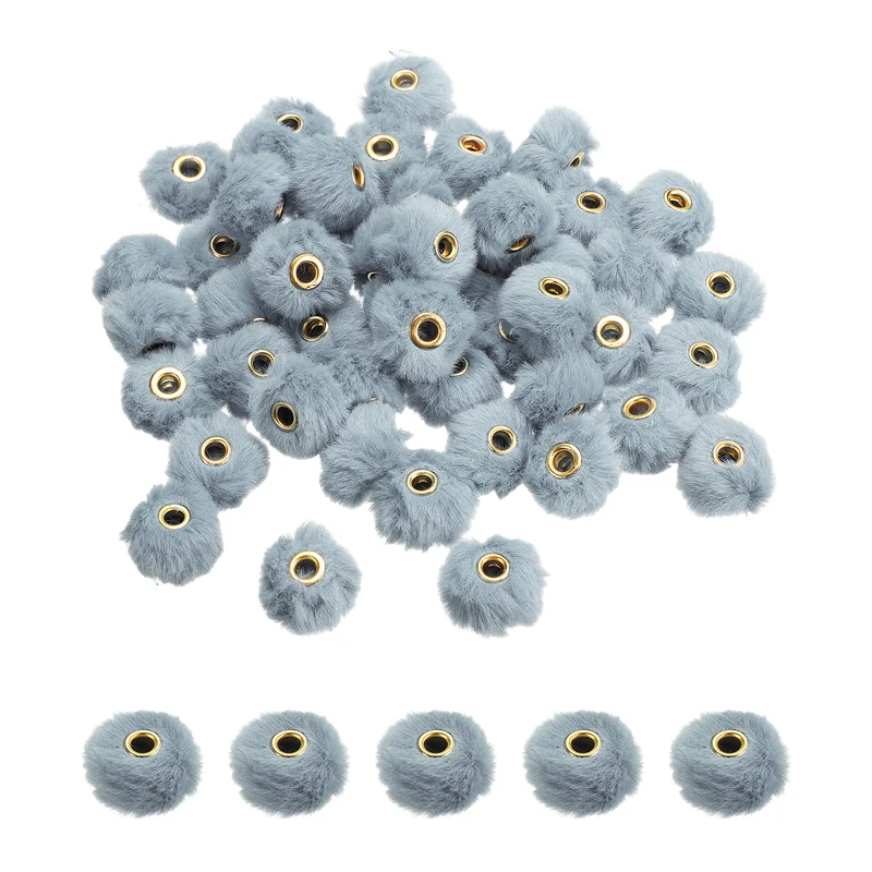 50Pcs Pom Pom Beads, Faux Fur Fuzzy Spacers Bead with 4mm Hole, Gray Blue