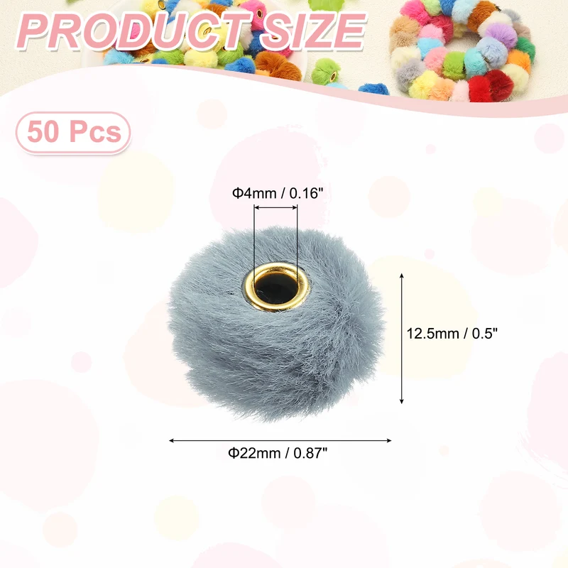 50Pcs Pom Pom Beads, Faux Fur Fuzzy Spacers Bead with 4mm Hole, Gray Blue