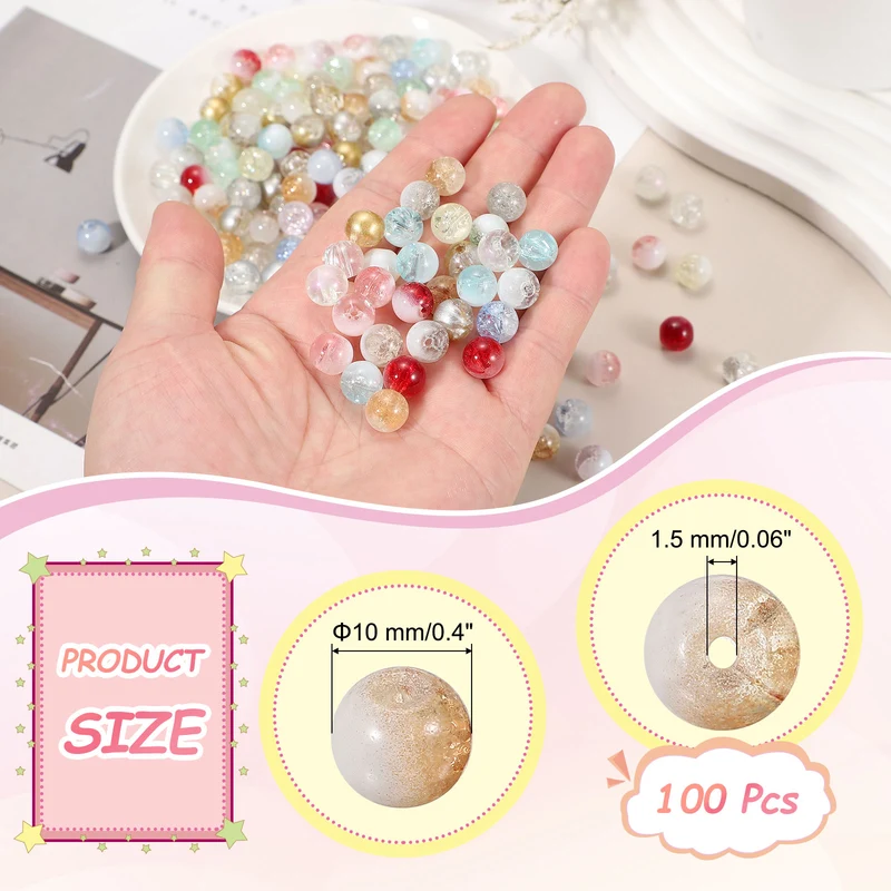 100 Pcs Crackle Glass Beads for Jewelry Making, 10mm Round Beads, Brown