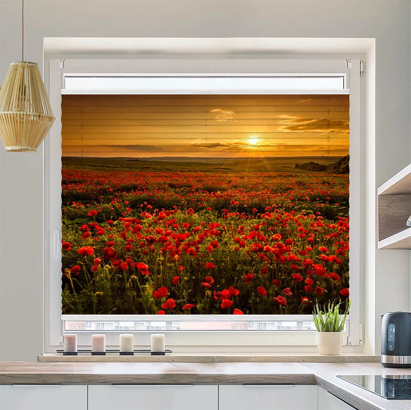 Wabenplissee Motiv "Mohnblumen Sonnenuntergang"