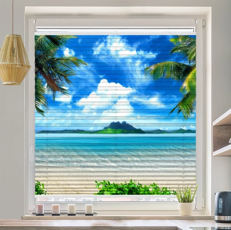 Wabenplissee Motiv "Palmen Insel Meer"