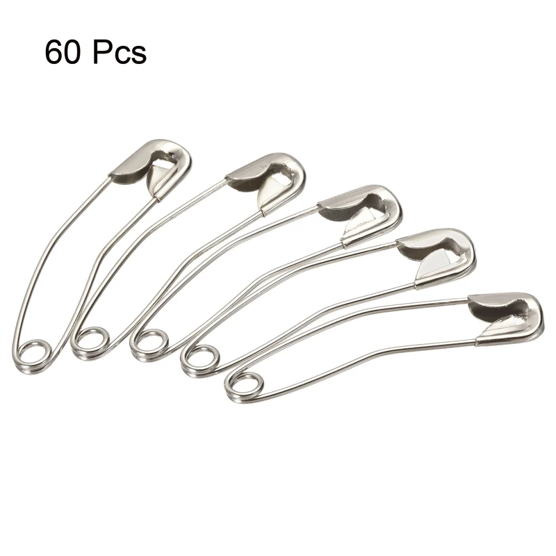 Safety Pins 38mm/1.5 Inch Curved Metal Sewing Pins Silver Tone 60 Count
