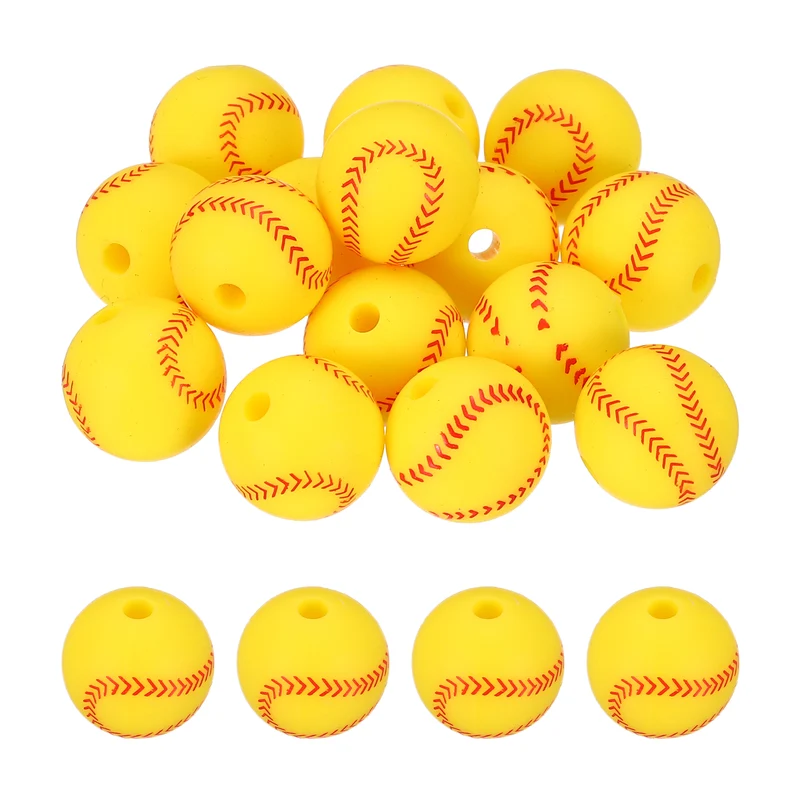 15Pcs Silicone Sports Beads 12mm Ball Shaped Beads Yellow Baseball,