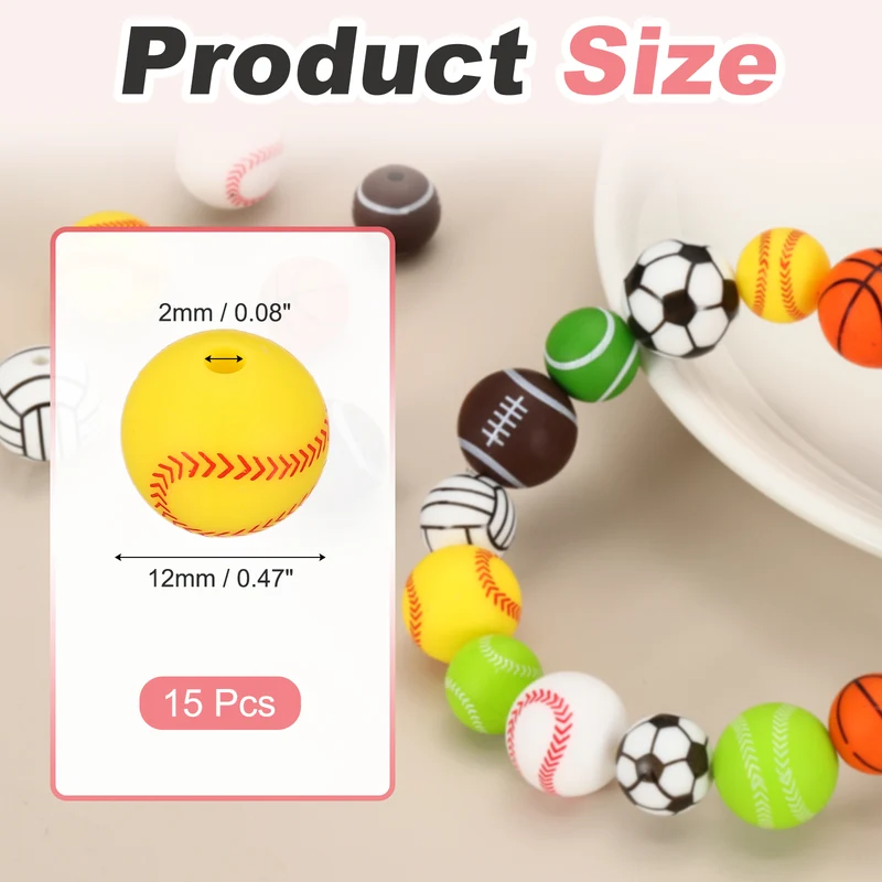 15Pcs Silicone Sports Beads 12mm Ball Shaped Beads Yellow Baseball,