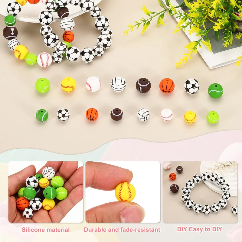 15Pcs Silicone Sports Beads 12mm Ball Shaped Beads Yellow Baseball,