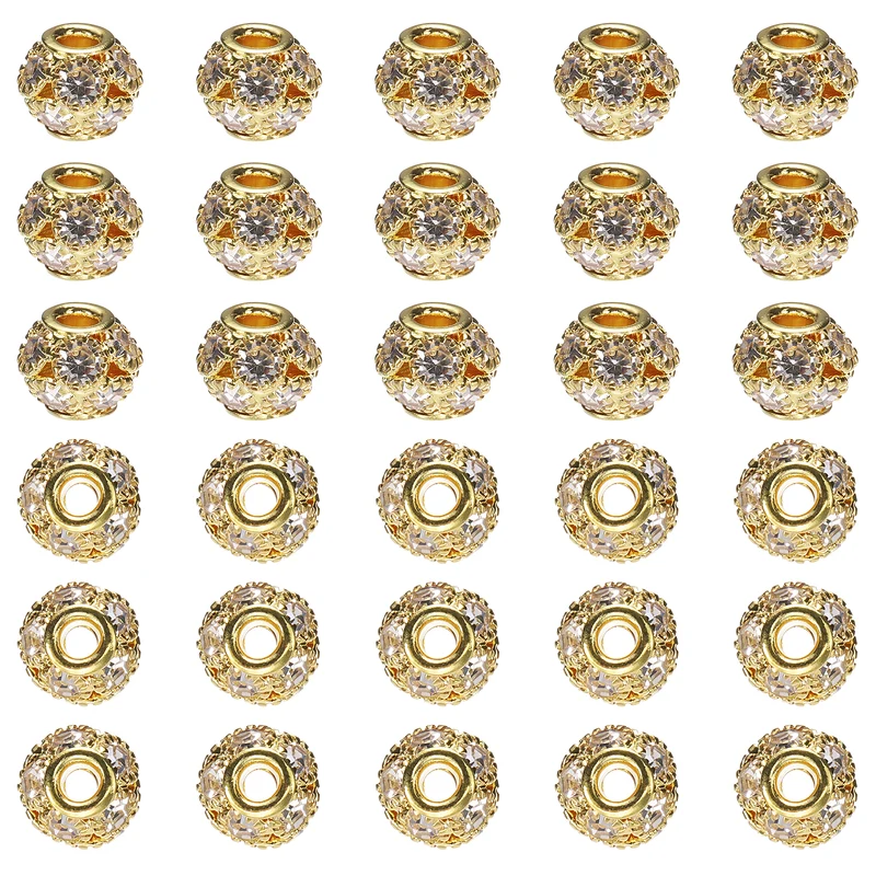 30Pcs Rhinestone Large Hole Beads, 8mm Crystal Charm Spacer Beads, Gold