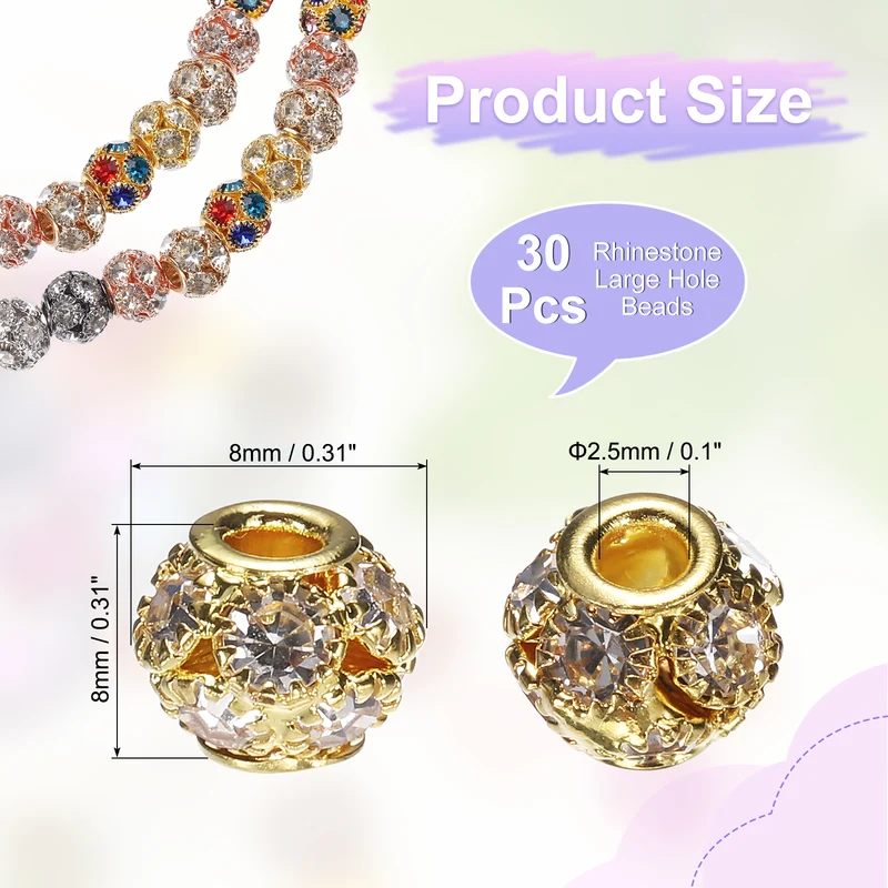 30Pcs Rhinestone Large Hole Beads, 8mm Crystal Charm Spacer Beads, Gold