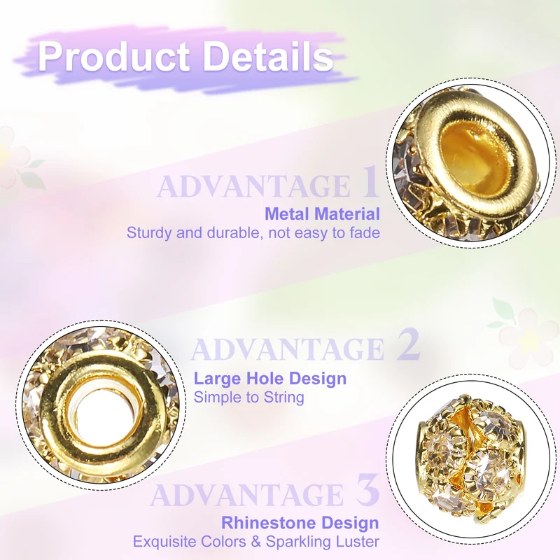 30Pcs Rhinestone Large Hole Beads, 8mm Crystal Charm Spacer Beads, Gold