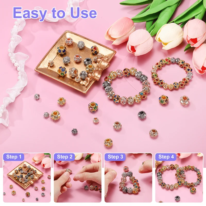 30Pcs Rhinestone Large Hole Beads, 8mm Crystal Charm Spacer Beads, Gold