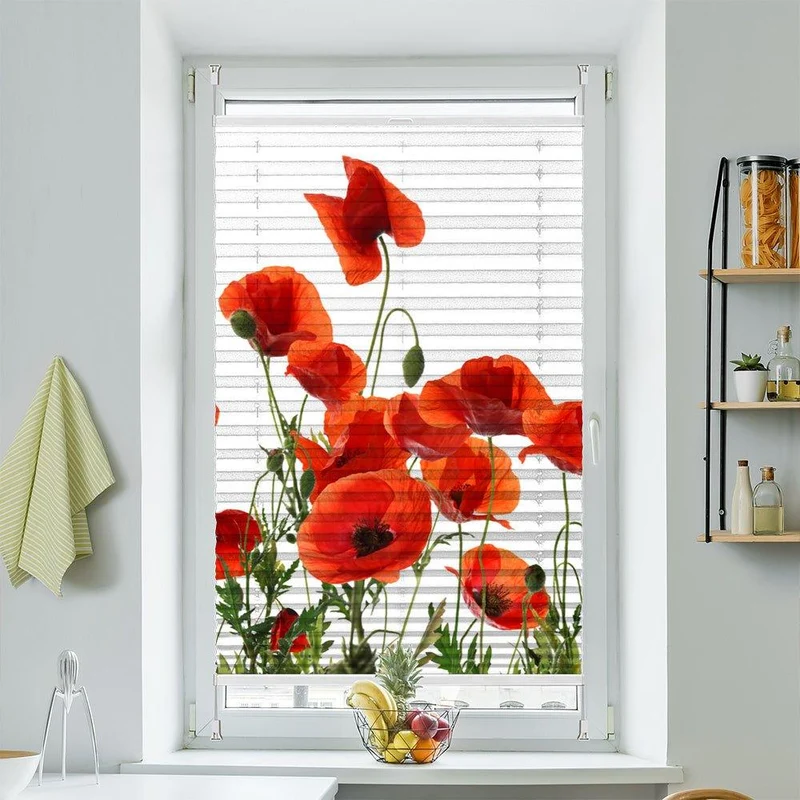Wabenplissee Motiv "Mohnblumen Weisser Hintergrund"