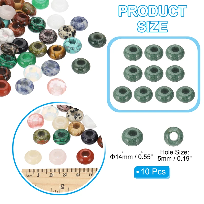 10 Pcs Natural Gemstone Beads, Large Hole Rondelle Beads Loose European Crystal Beads Pack for Jewelry Bracelet DIY Craft, 14 x 8 MM, Gem Green