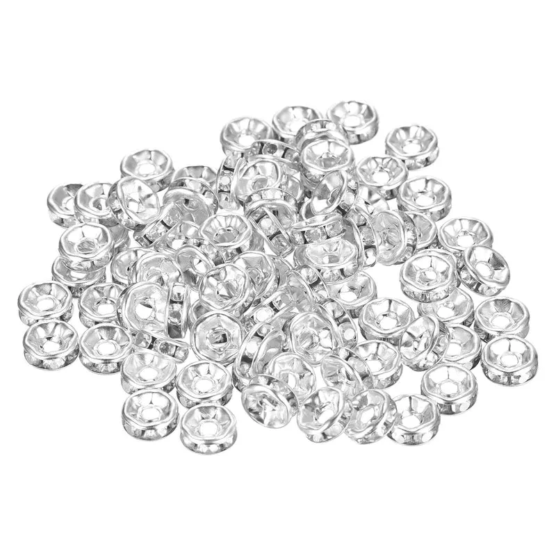 120Pcs 6mm Silver Plated Rhinestone Rondelle Spacer Beads, Silver