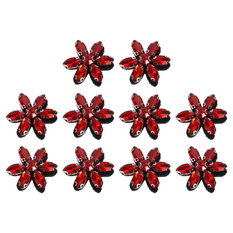 10Pcs Handmade Flower Beaded Patches, Glass Crystal Appliques, Red