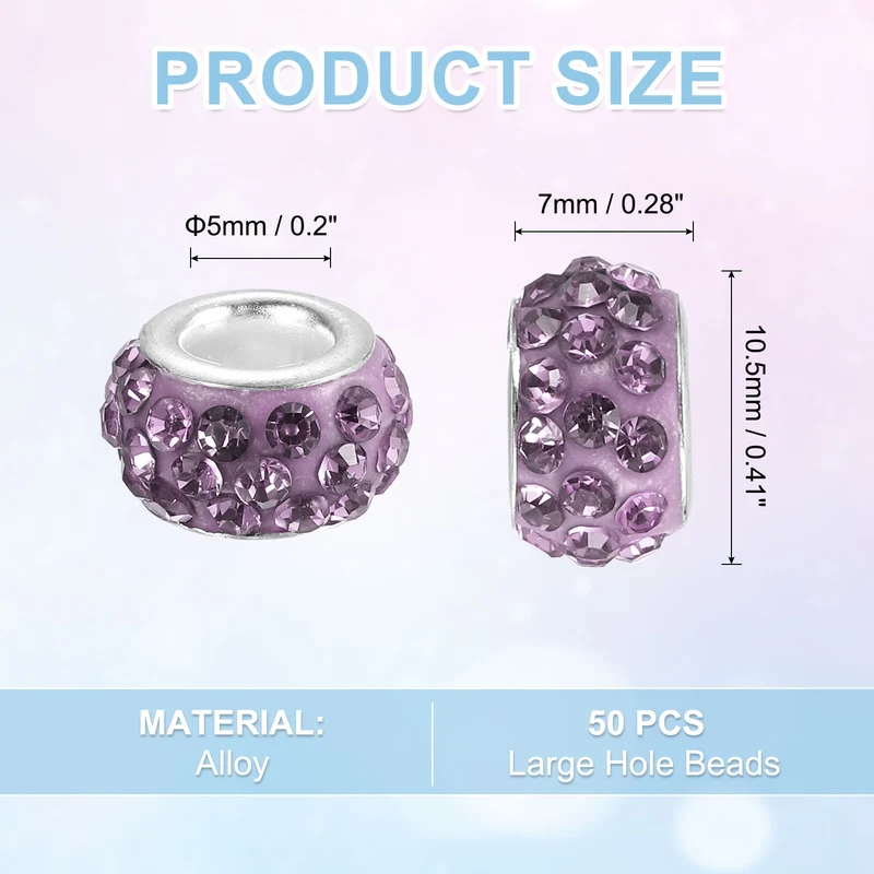 50Pcs European Large Hole Beads Rhinestone Craft Beads Purple
