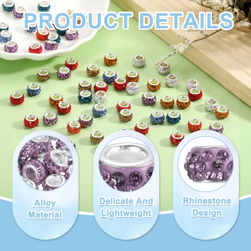 50Pcs European Large Hole Beads Rhinestone Craft Beads Purple