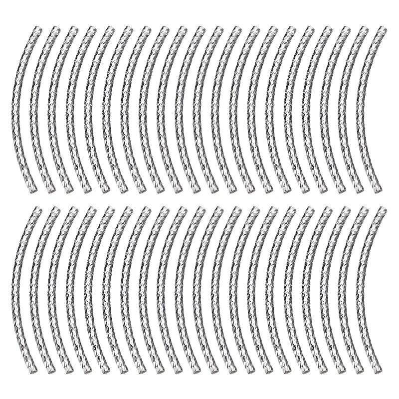 40Pcs Brass Curved Tube Beads, 1.5x30mm Noodles Spacer Bead, Silver Tone