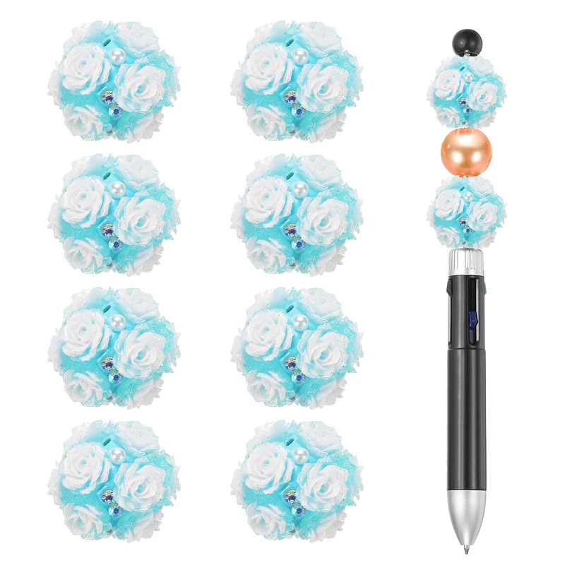 10 Pcs Rhinestone Focal Beads for Pens, 0.8" Glass Flower Beads, Blue