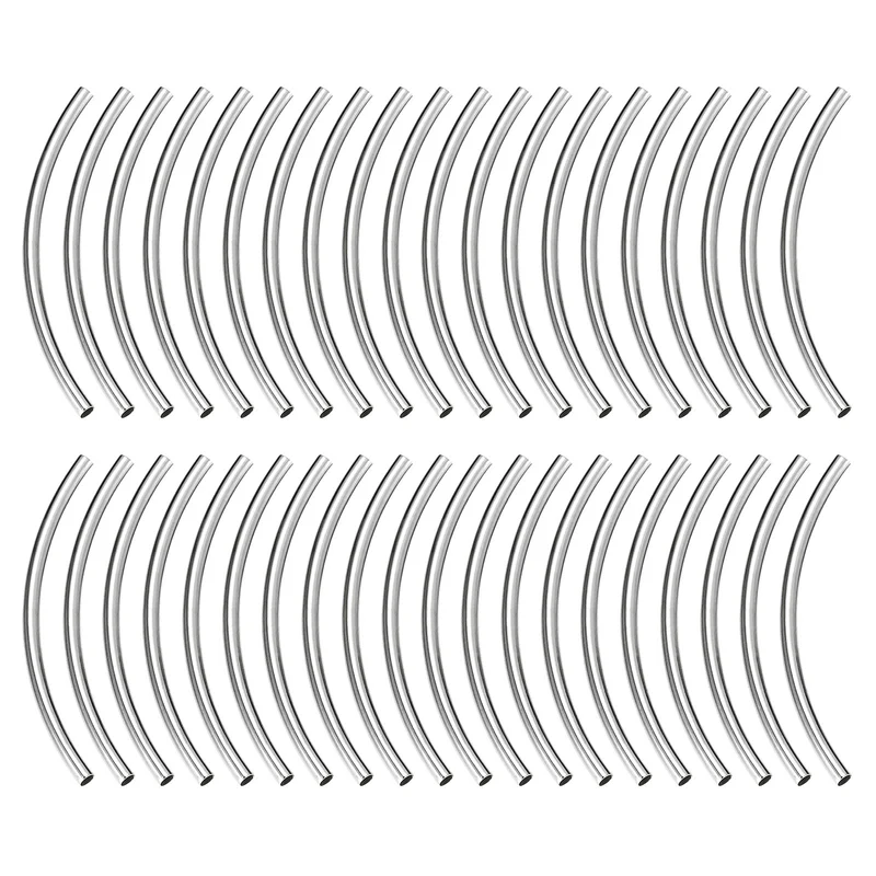 120Pcs 3x50mm Brass Curved Tube Beads, 1.5mm ID Smooth Noodles Spacer Bead for Jewelry Craft Making, Silver Tone
