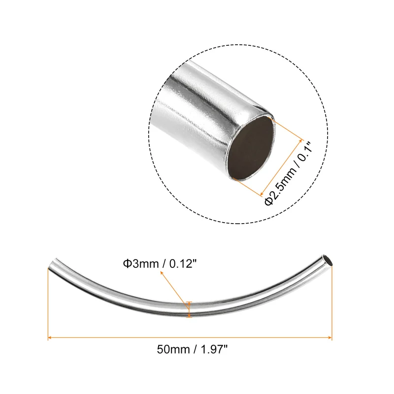 120Pcs 3x50mm Brass Curved Tube Beads, 1.5mm ID Smooth Noodles Spacer Bead for Jewelry Craft Making, Silver Tone