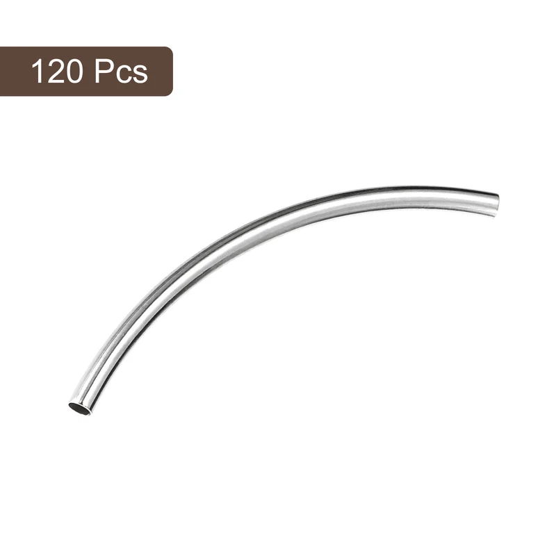 120Pcs 3x50mm Brass Curved Tube Beads, 1.5mm ID Smooth Noodles Spacer Bead for Jewelry Craft Making, Silver Tone