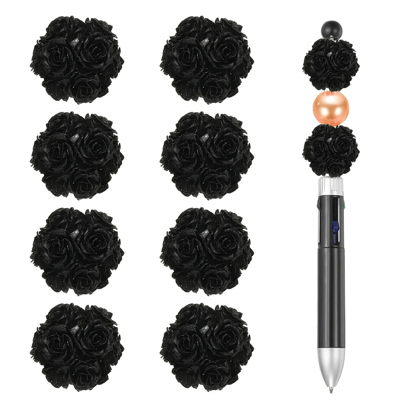 10 Pcs Rhinestone Focal Beads for Pens, 0.8" Glass Flower Beads, Black