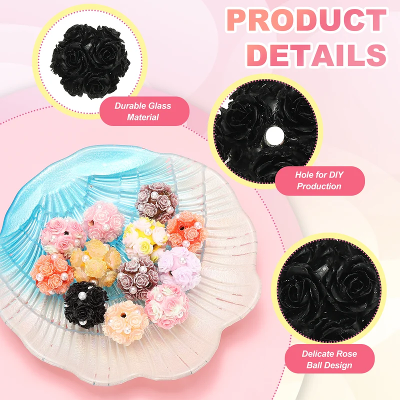 10 Pcs Rhinestone Focal Beads for Pens, 0.8" Glass Flower Beads, Black