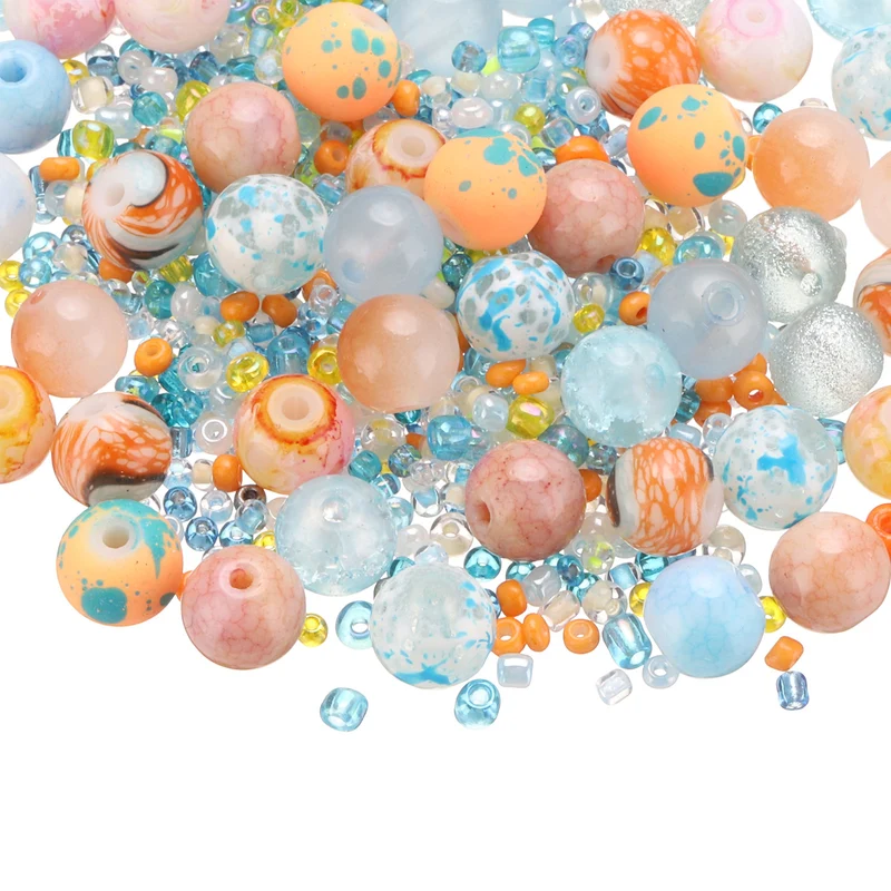 2-8mm Assorted Glass Resin Beads, Cracked Gravel Round Beads with Hole, Orange