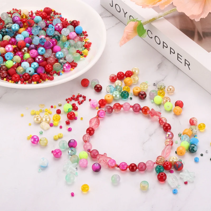 2-8mm Assorted Glass Resin Beads, Cracked Gravel Round Beads with Hole, Orange