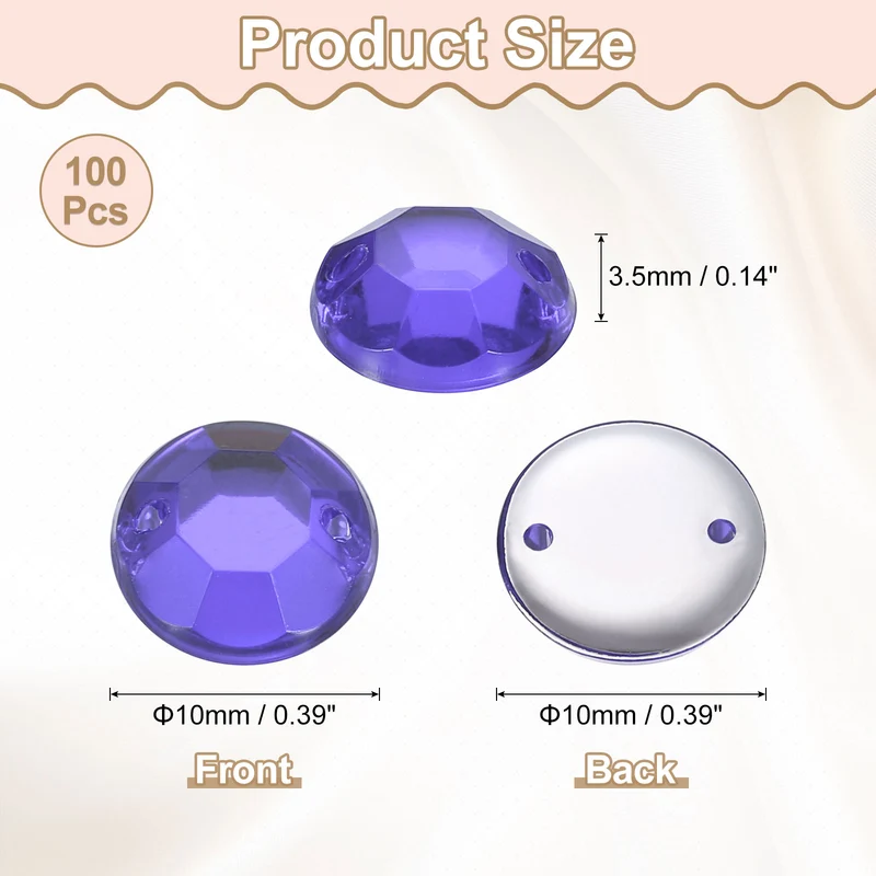 100Pcs Flat Back Sew on Rhinestones Beads, 10mm Crystal Round Gems, Purple