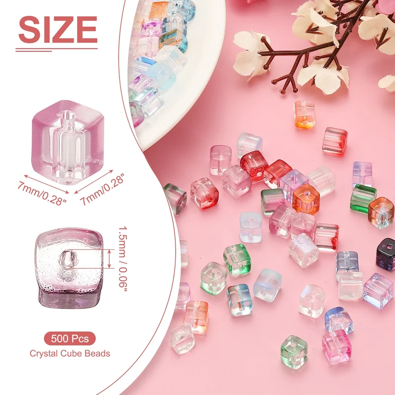 500 Pcs Crystal Cube Beads, 7mm Faceted Square Spacer Beads, Pink Purple